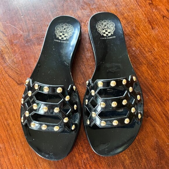 Vince Camuto Carron Womens Sz 7‎ Black Gold Studded PVC Slide Sandals - Picture 1 of 5
